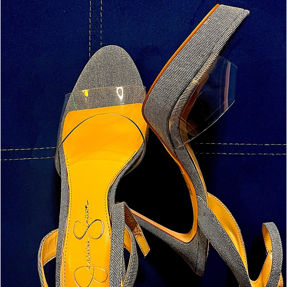 New Jessica Simpson Feather Denim and Clear Ankle Strap Heels